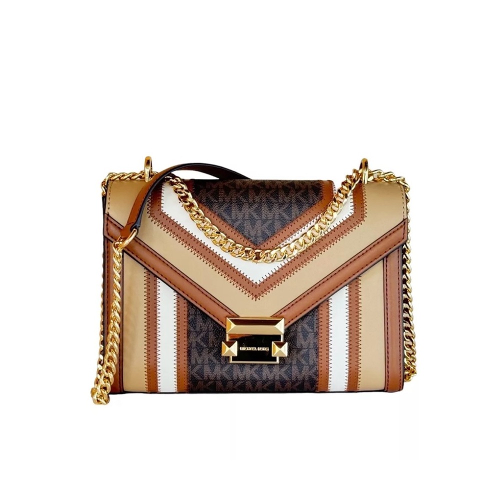 MICHAEL KORS WHITNEY MEDIUM FLAP SHOULDER CHAIN CROSSBODY BAG MK BROWN MULTI NWT